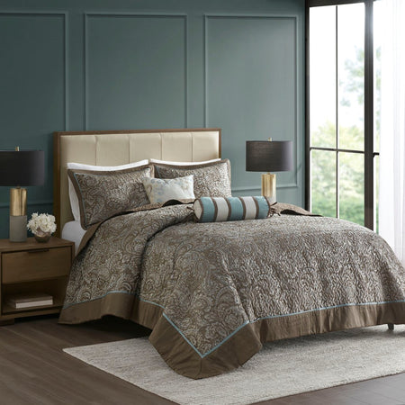 Madison Park Aubrey 5 Piece Reversible Jacquard Bedspread Set - Blue / Brown - King Size