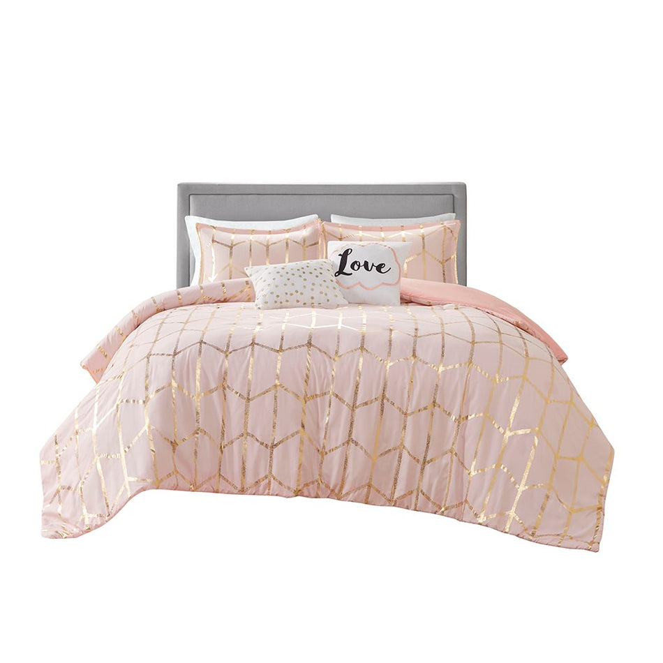 Raina Metallic Printed Duvet Cover Set - Blush / Gold - Twin Size / Twin XL Size