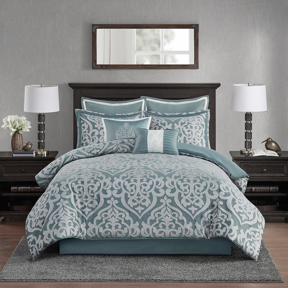 Odette 8 Piece Jacquard Comforter Set - Aqua - Queen Size