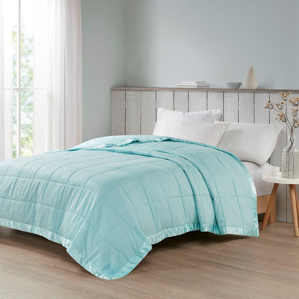 Madison Park Cambria Oversized Down Alternative Blanket with Satin Trim - Aqua - Twin Size