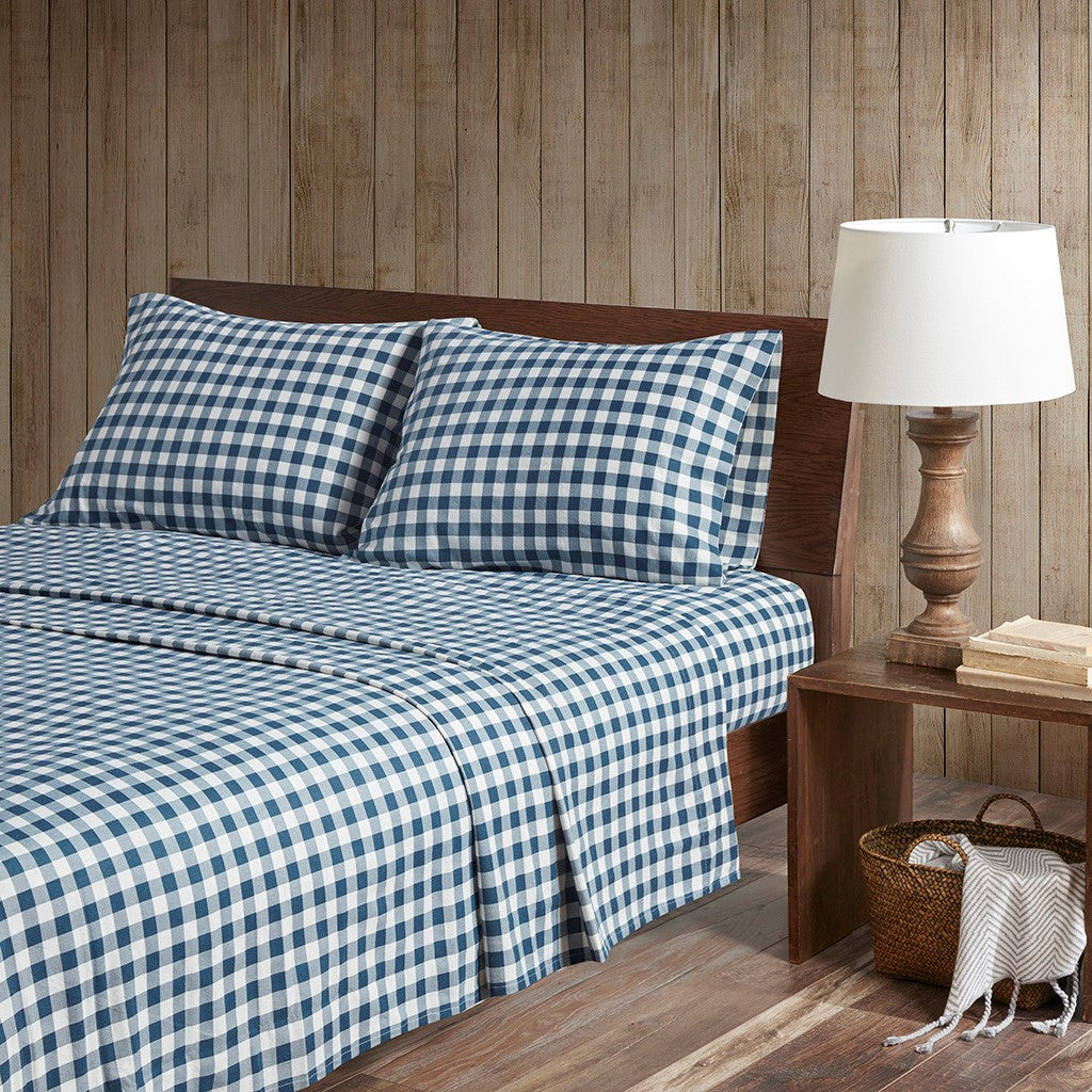 Woolrich Cotton Flannel Sheet Set - Blue Buffalo Check - Queen Size