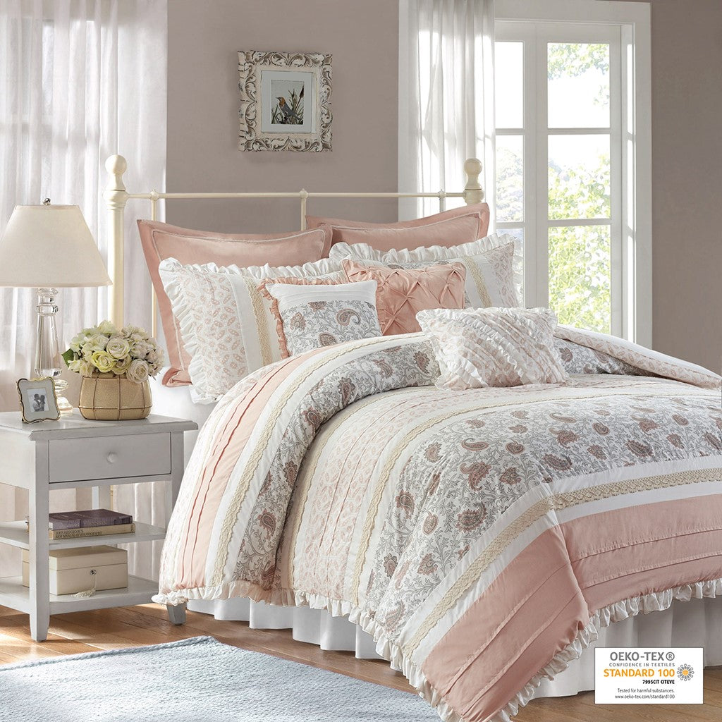 Madison Park Dawn 9 Piece Cotton Percale Comforter Set - Blush - Cal King Size