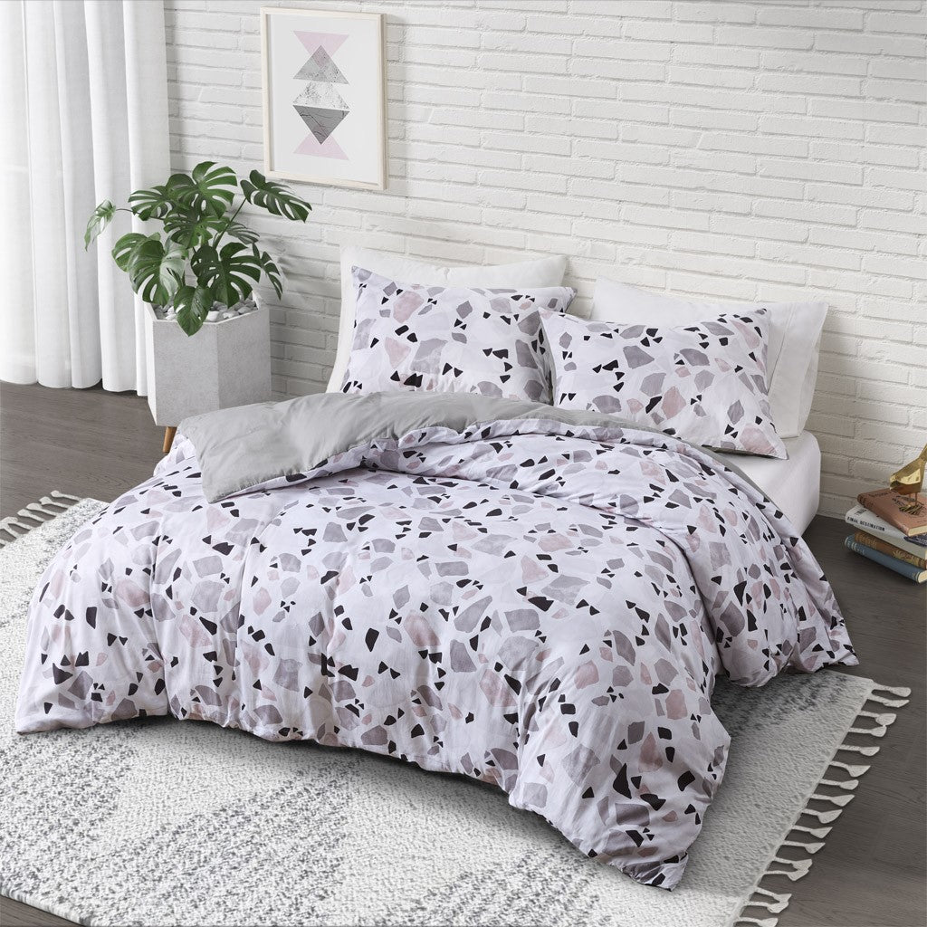 CosmoLiving Terrazzo Cotton Printed Duvet Cover Set - Blush / Grey - King Size / Cal King Size