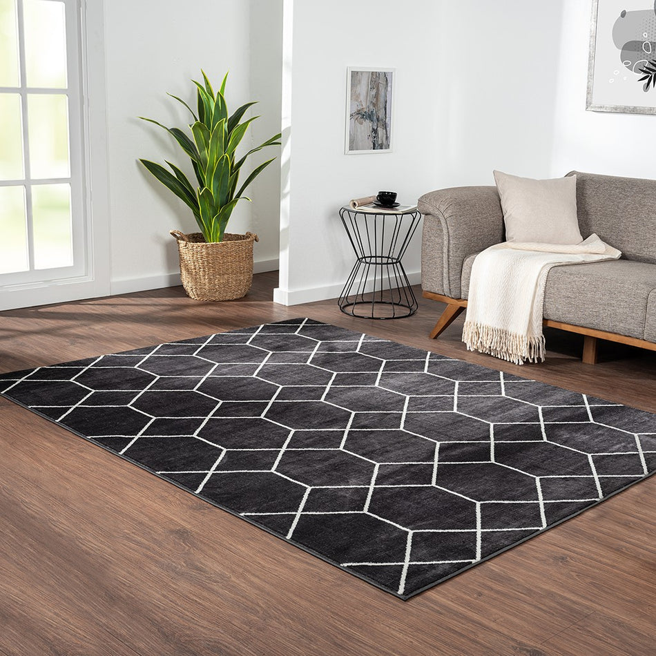 Madison Park Averie Trellis Geometric Woven Area Rug - Black / Cream - 5x7'