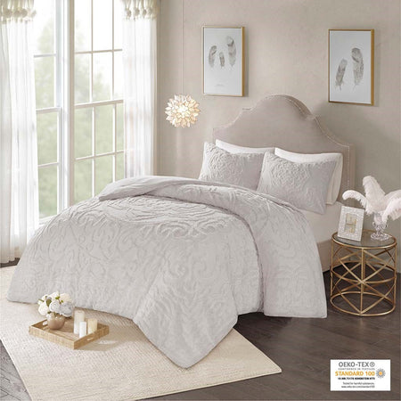 Madison Park Laetitia 3-Piece Tufted Cotton Chenille Medallion Comforter Set - Grey - King Size / Cal King Size