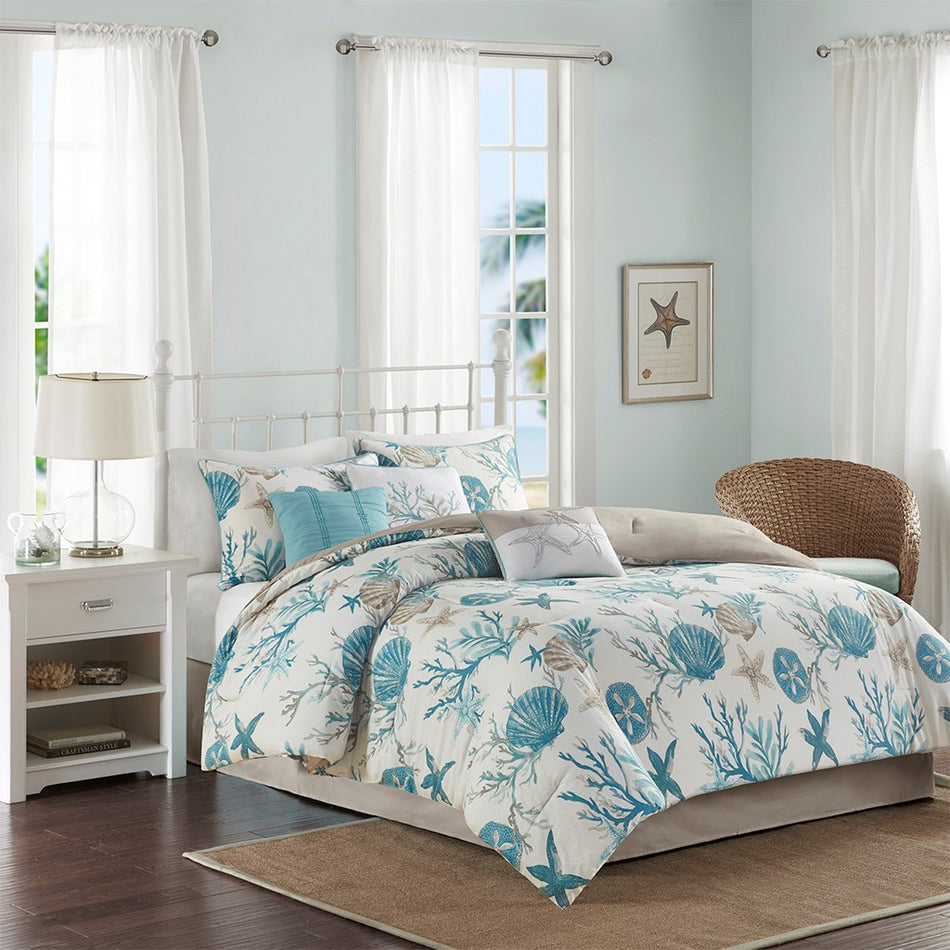 Madison Park Pebble Beach 7 Piece Cotton Sateen Comforter Set - Aqua - Cal King Size