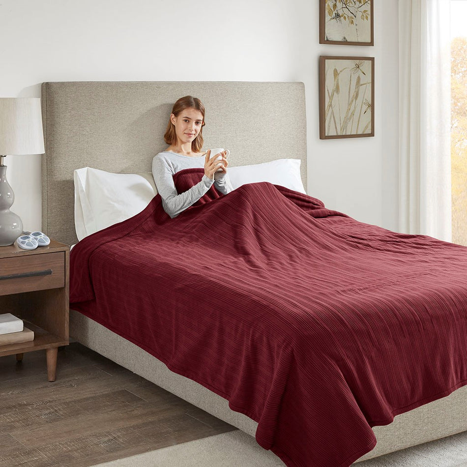 Ribbed Micro Fleece Heated Blanket - Burgundy - Queen Size