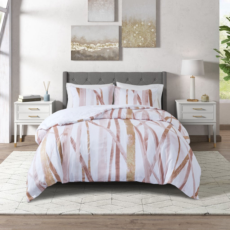 Jorja Cotton Metallic Printed Duvet Cover Set - Blush / Gold - King Size / Cal King Size