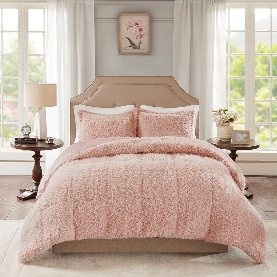 Nova Blush Faux Mohair Reverse Faux Mink Comforter Set - Blush - Twin Size