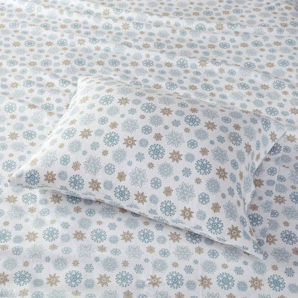 Cozy Cotton Flannel Printed Sheet Set - Tan / Blue Snowflakes - King Size