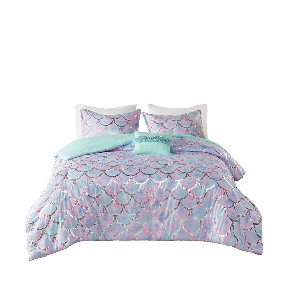 Pearl Metallic Printed Reversible Duvet Cover Set - Aqua / Purple - Twin Size / Twin XL Size