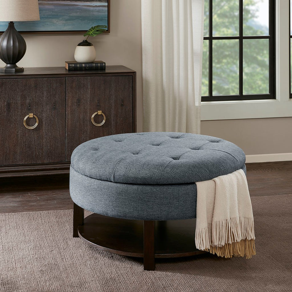 Madison Park Miller Round Storage Ottoman - Denim / Brown 