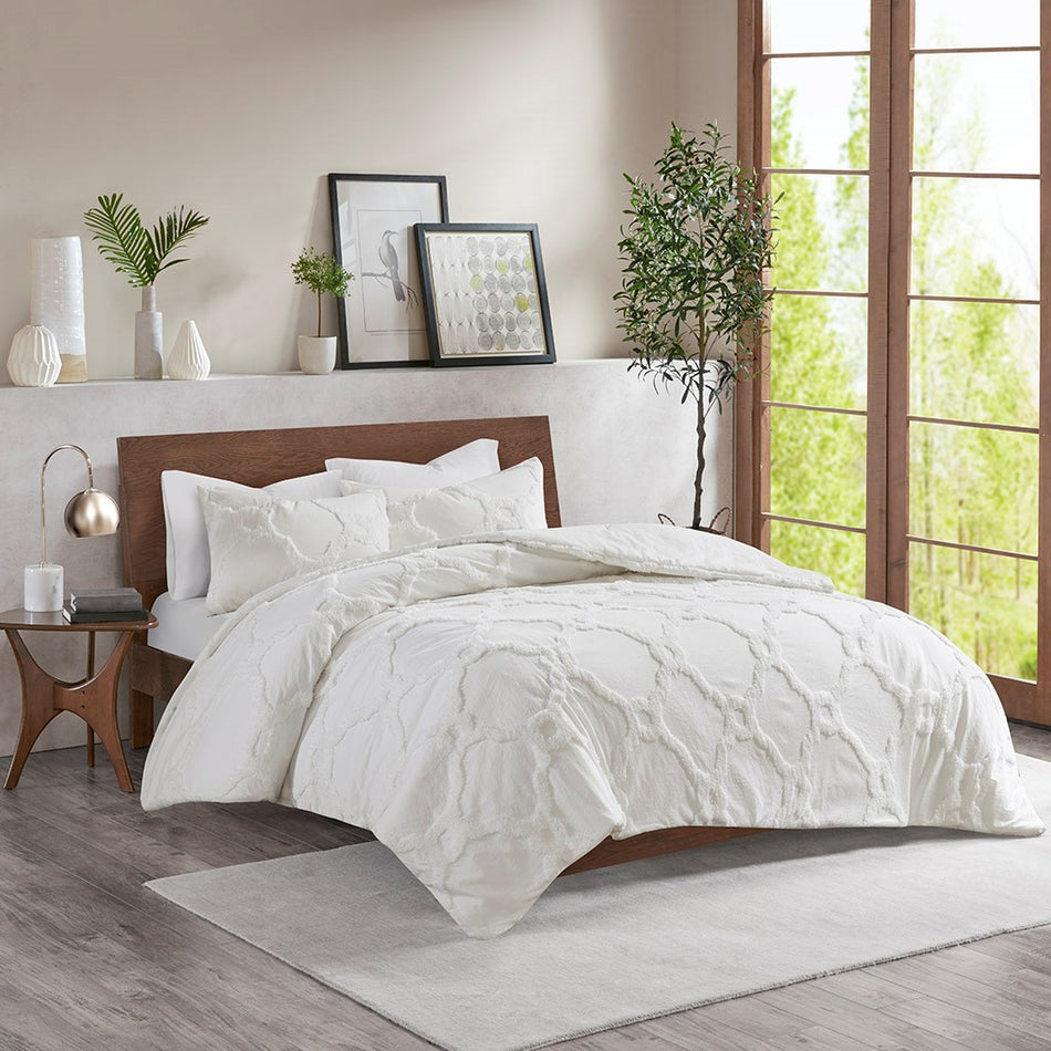 Pacey 3 Piece Tufted Cotton Chenille Geometric Duvet Cover Set - Off White - Full Size / Queen Size