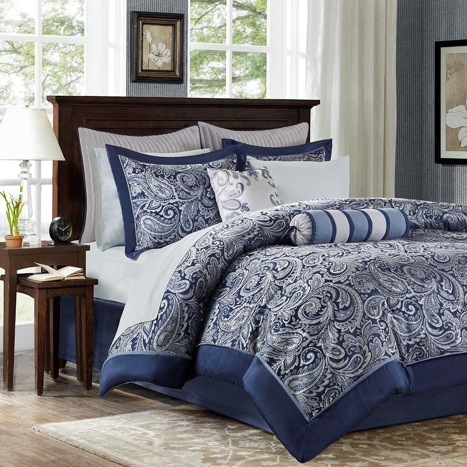 Madison Park Aubrey 12 Piece Complete Bed Set - Navy - Cal King Size