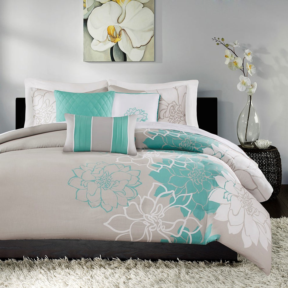 Lola 6 Piece Print Duvet Cover Set - Aqua - Full Size / Queen Size