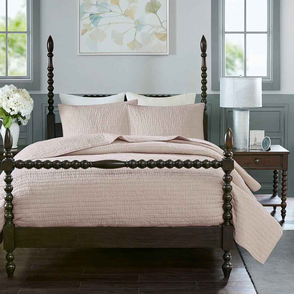 Serene 3 Piece Hand Quilted Cotton Quilt Set - Blush - King Size