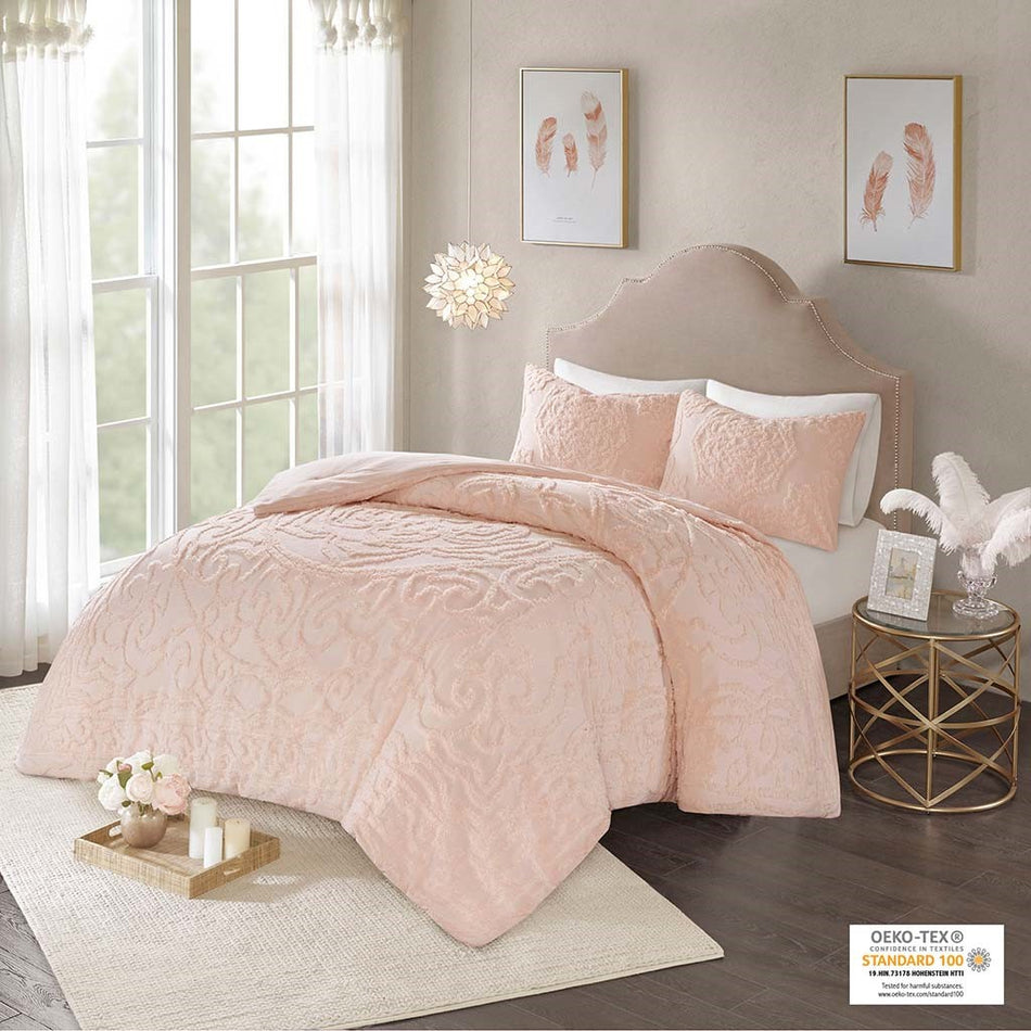 Madison Park Laetitia 3-Piece Tufted Cotton Chenille Medallion Comforter Set - Blush - King Size / Cal King Size