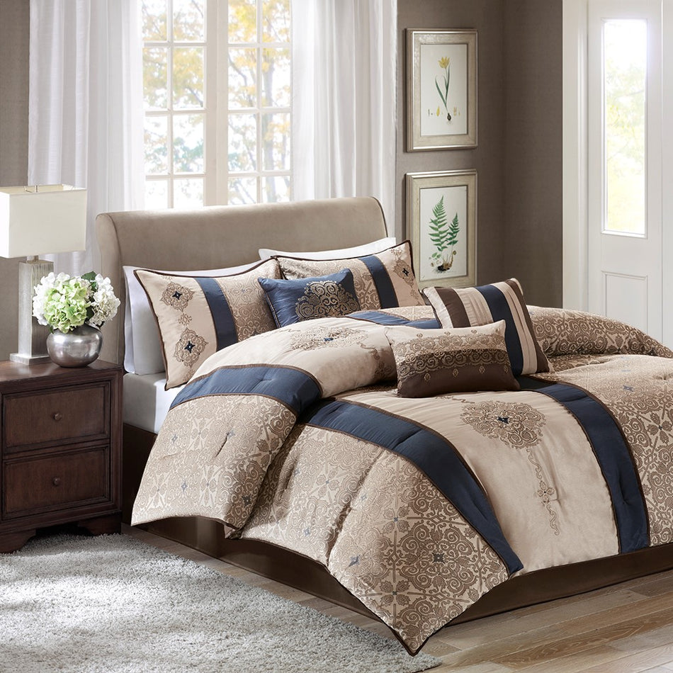 Madison Park Donovan 7 Piece Jacquard Comforter Set - Navy - Queen Size