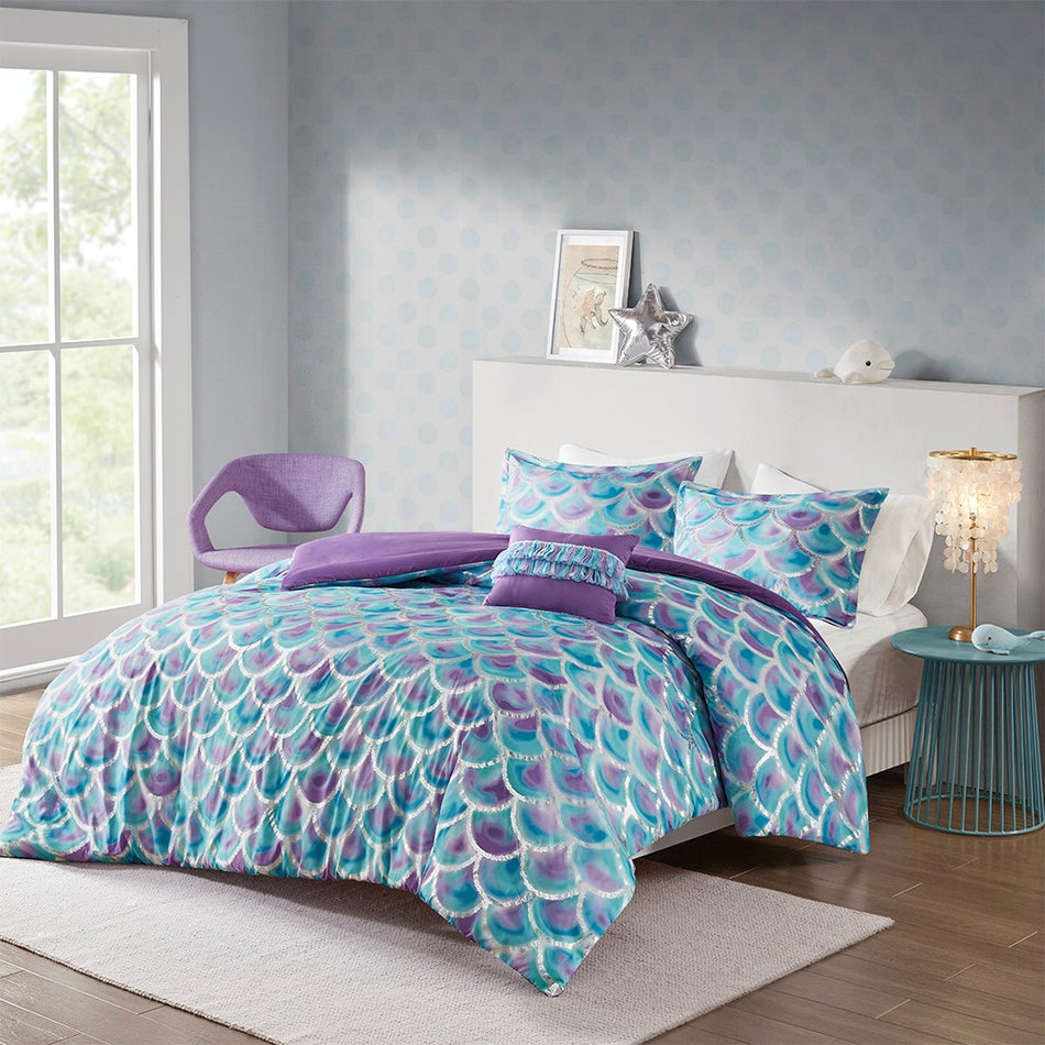 Mi Zone Pearl Metallic Printed Reversible Duvet Cover Set - Teal / Purple - Twin Size / Twin XL Size