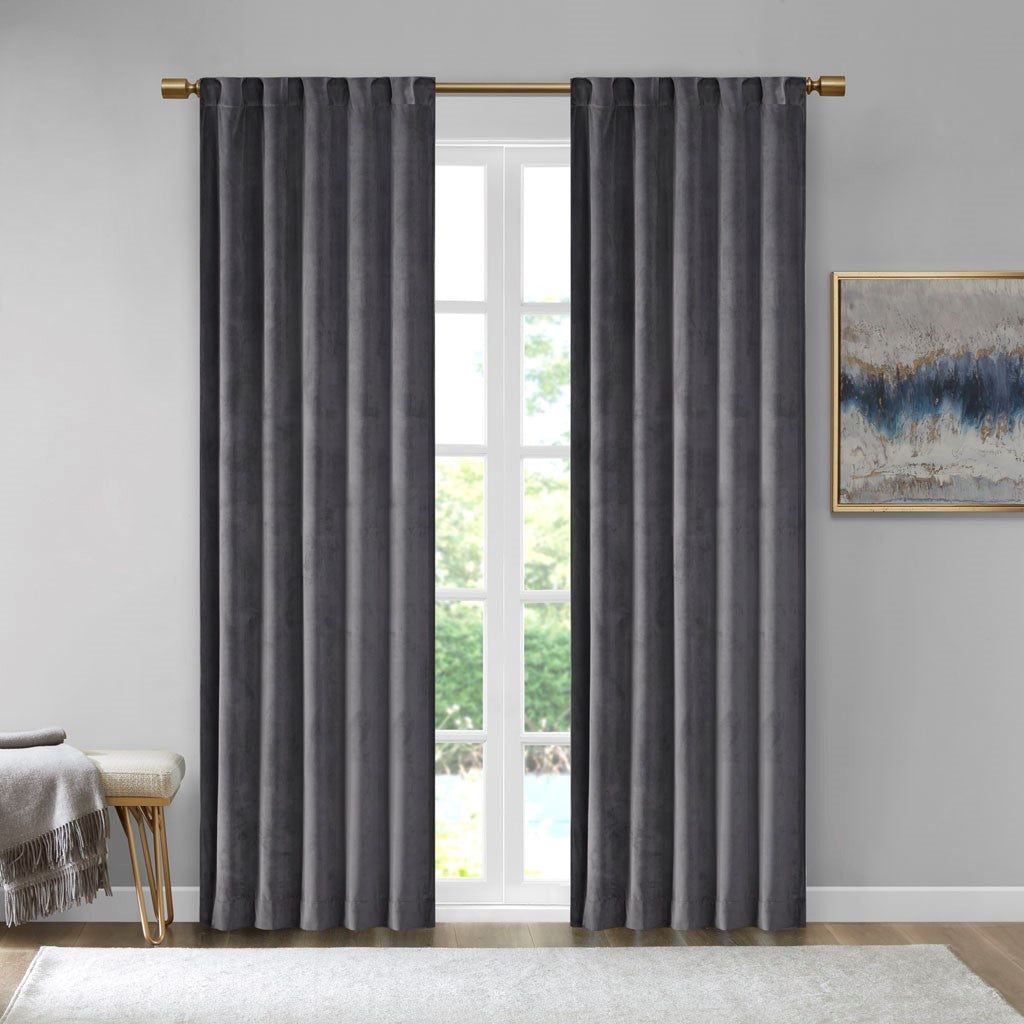 510 Design Colt Room Darkening Poly Velvet Rod Pocket/Back Tab Window Panel Pair - Charcoal - 37x63"