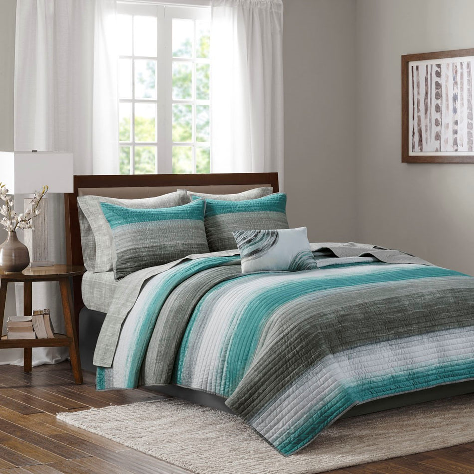 Madison Park Essentials Saben 8 Piece Quilt Set with Cotton Bed Sheets - Aqua - Queen Size