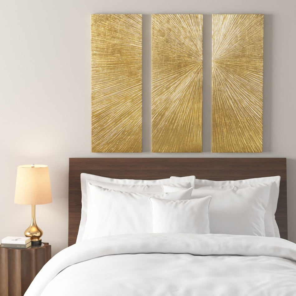 Sunburst Metallic Gold 100% Hand Painted Dimensional Resin Wall Decor 15x45" 3 Piece Set - Gold