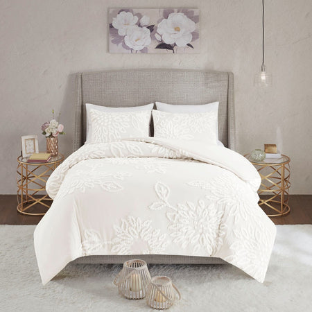 Madison Park Veronica 3 Piece Tufted Cotton Chenille Floral Comforter Set - Off White  - Full Size / Queen Size Shop Online & Save - expresshomedirectr.com