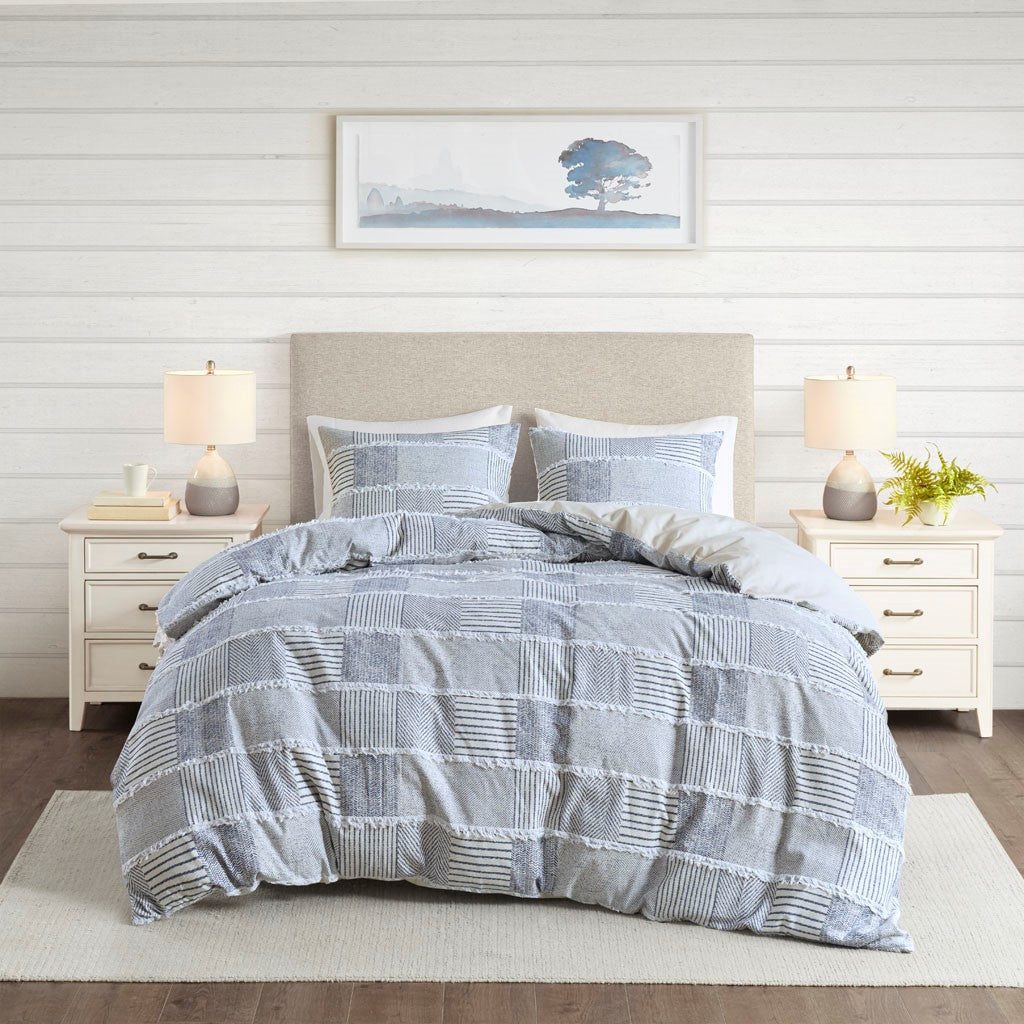 Madison Park Schafer 3 Piece Cotton Clipped Duvet Cover Set - Blue  - King Size / Cal King Size Shop Online & Save - expresshomedirectr.com