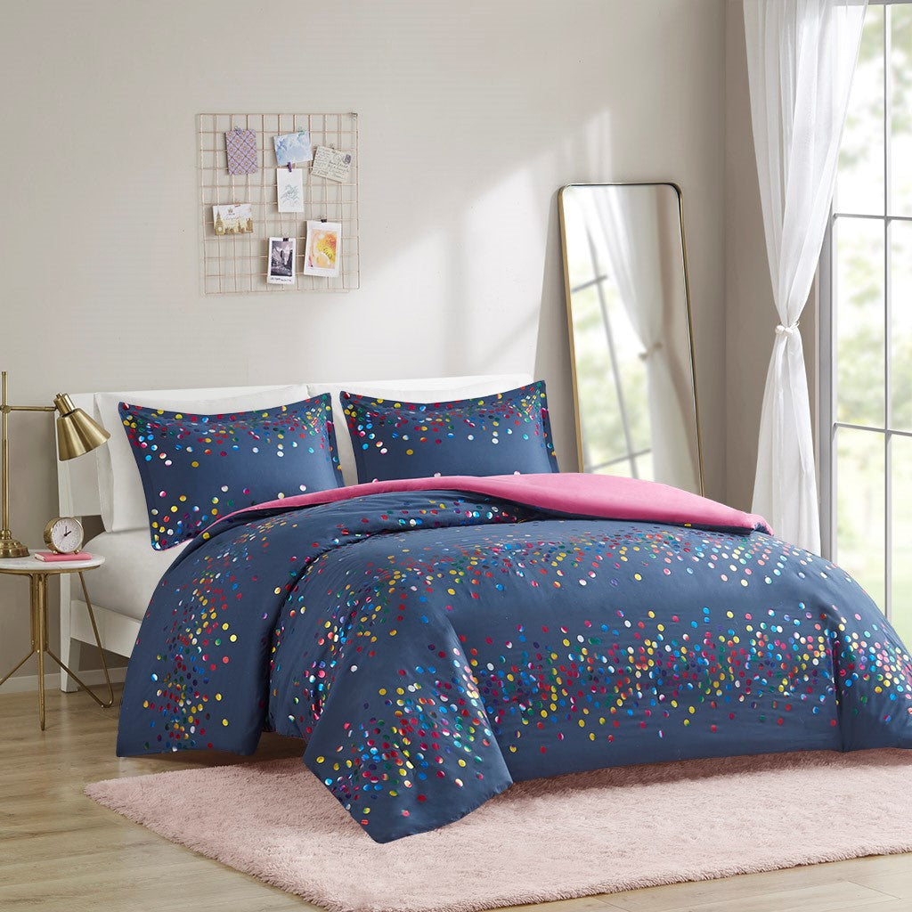 Intelligent Design Janie Rainbow Iridescent Metallic Dot Duvet Cover Set
 - Navy - Full/Queen - ID12-2187