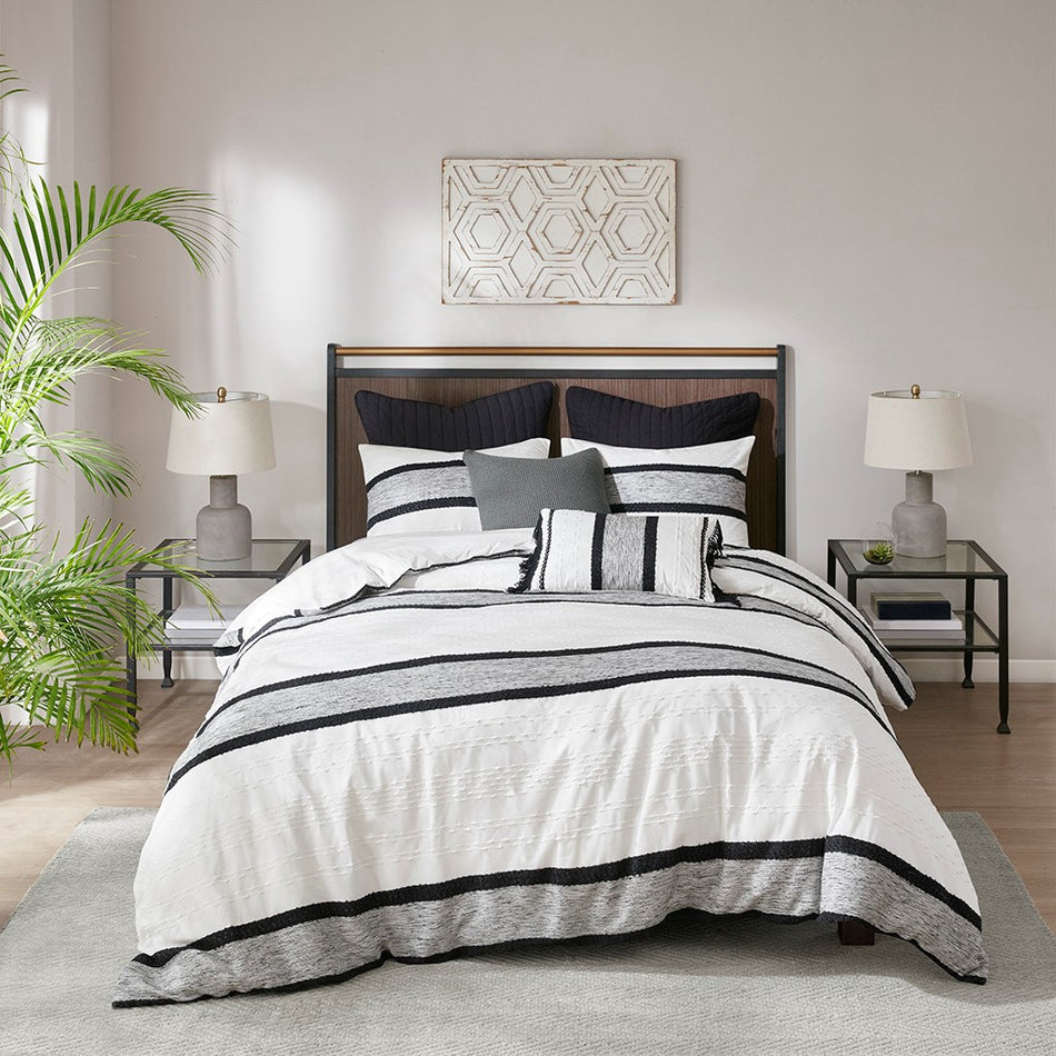 Cole 3 Piece Cotton Jacquard Duvet Cover Set - Black / White - Full Size / Queen Size