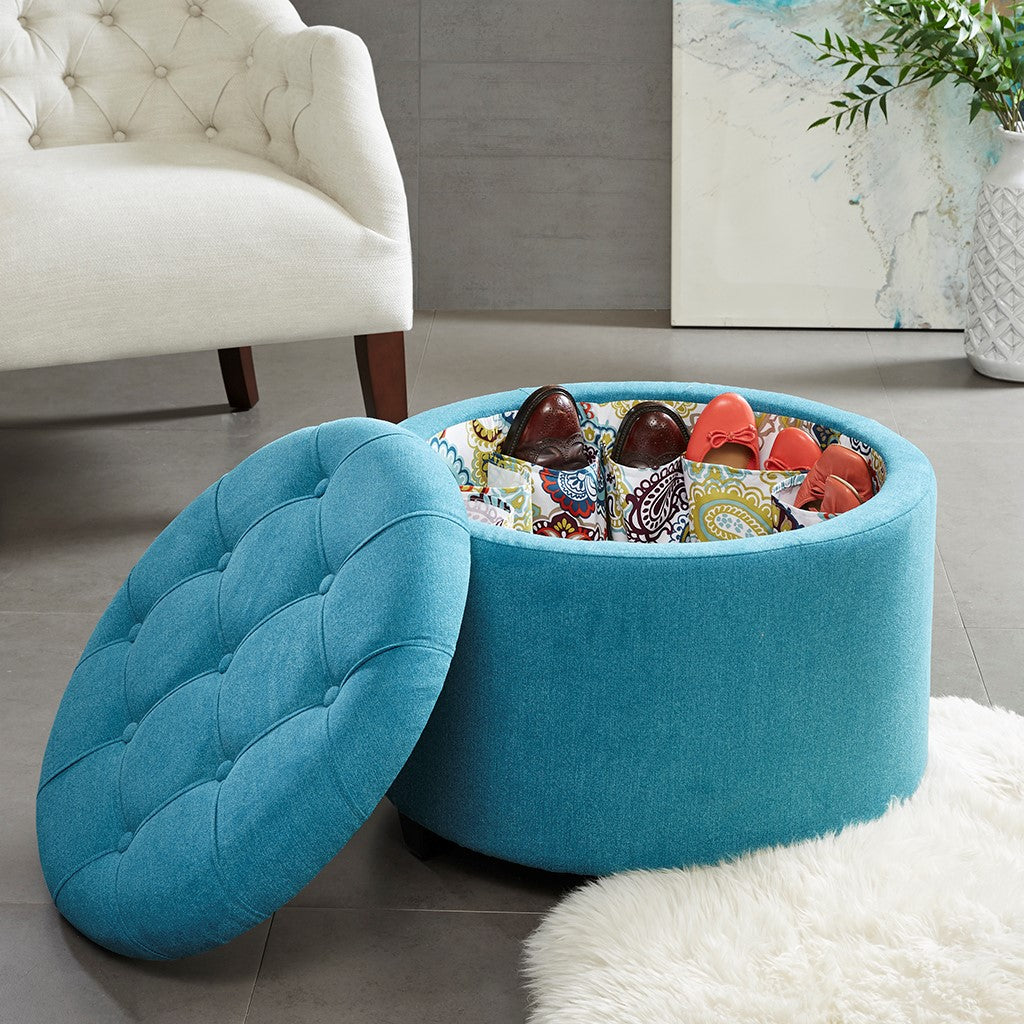 Madison Park Sasha Round Ottoman with Shoe Holder Insert - Blue 