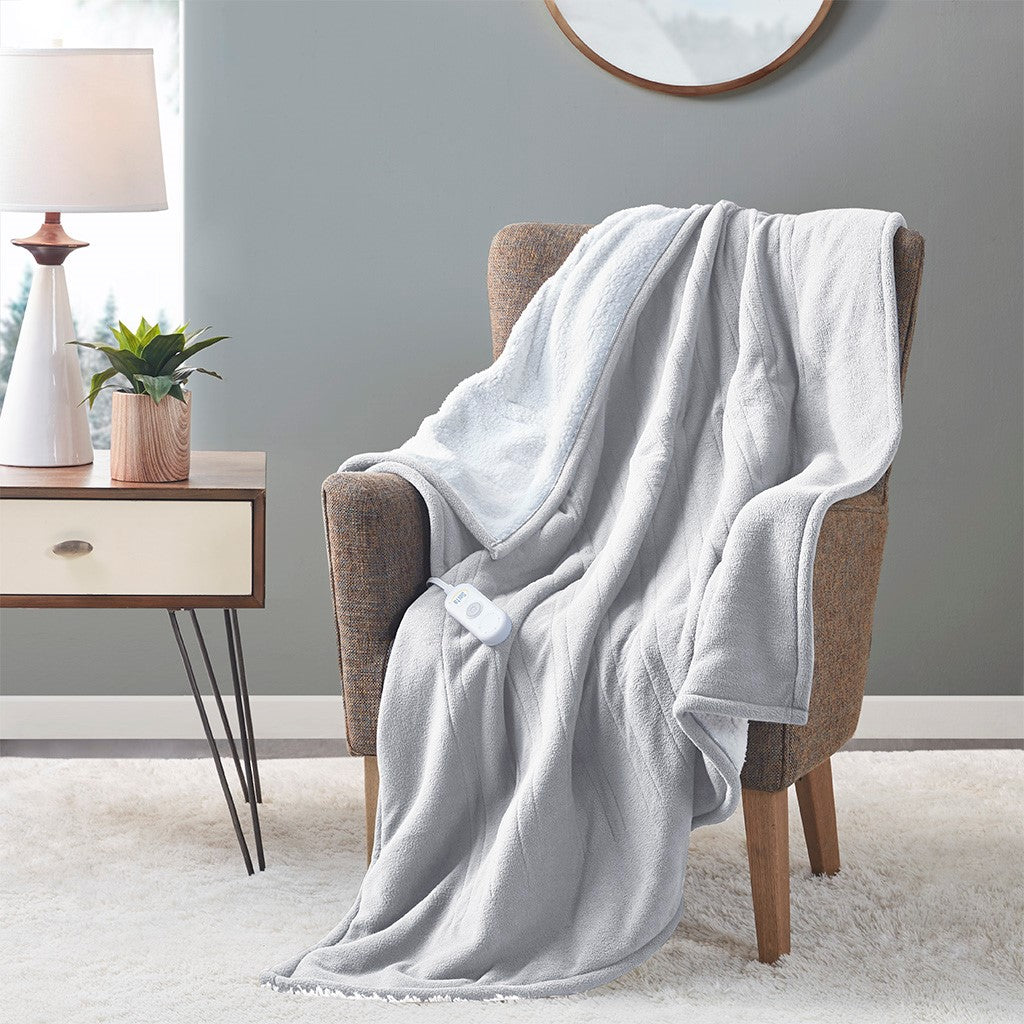 Serta Fleece to Sherpa Heated Throw - Light Grey - 50x60"