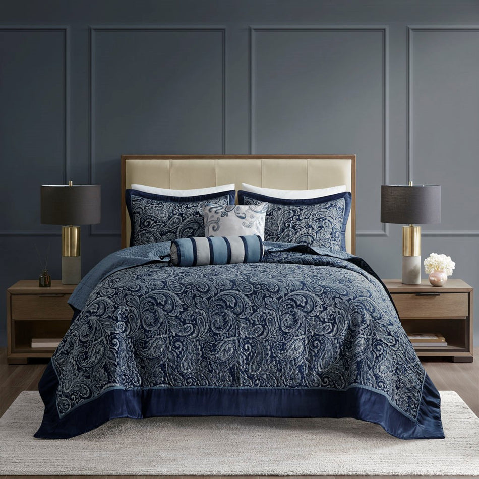 Aubrey 5 Piece Reversible Jacquard Bedspread Set - Navy - Queen Size