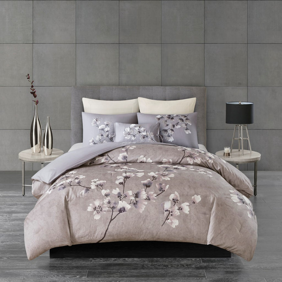 Sakura Blossom 3 Piece Cotton Sateen Printed Comforter Set - Lilac - King Size