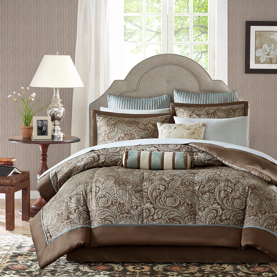 Aubrey 12 Piece Complete Bed Set - Blue / Brown - Queen Size