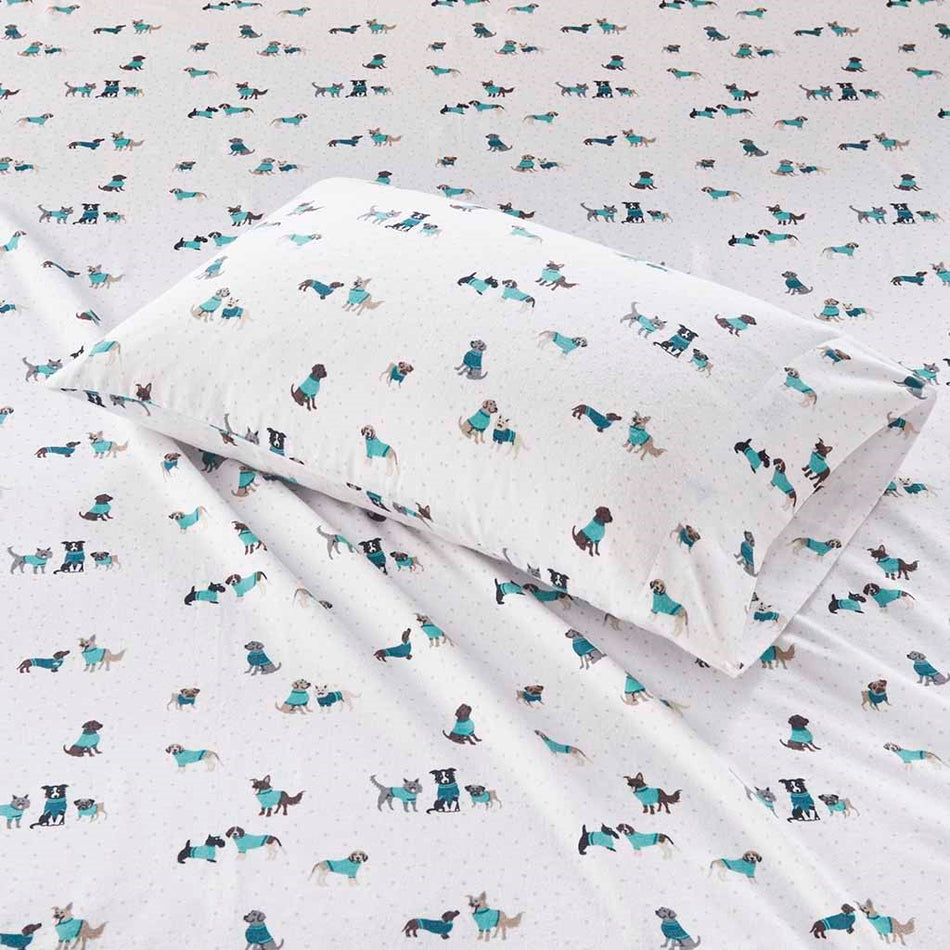 Cozy Soft Cotton Flannel Printed Sheet Set - Teal Dogs - Full Size