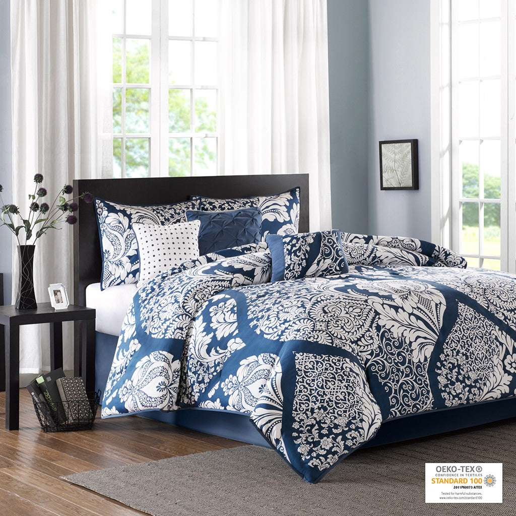 Madison Park Vienna 7 Piece Cotton Printed Comforter Set - Indigo - Cal King Size