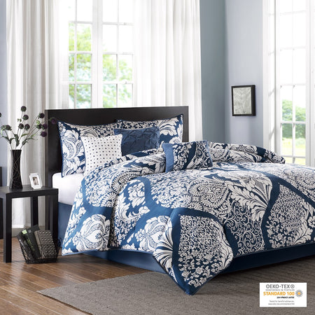 Madison Park Vienna 7 Piece Cotton Printed Comforter Set - Indigo - Cal King Size