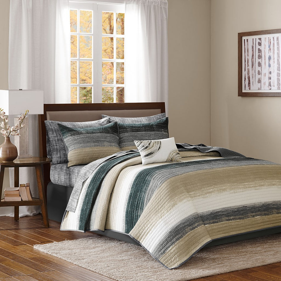 Madison Park Essentials Saben 8 Piece Quilt Set with Cotton Bed Sheets - Taupe - Queen Size