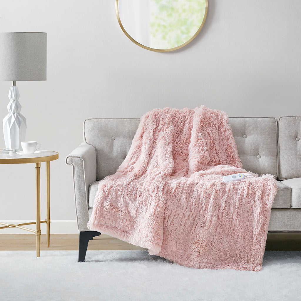 Serta Malea Heated Shaggy Faux Fur Heated Throw - Blush - 50x60"