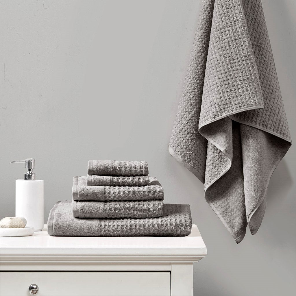 Madison Park Spa Waffle Cotton Waffle Jacquard Antimicrobial Bath Towel 6 Piece Set - Charcoal 