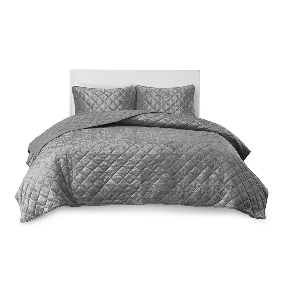 Felicia Velvet Quilt Set - Grey - Full Size / Queen Size