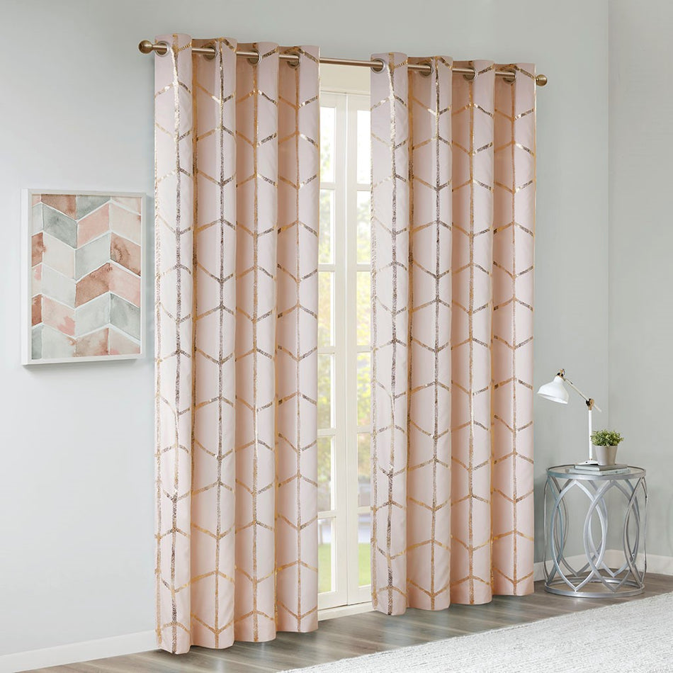 Raina Total Blackout Metallic Print Grommet Top Curtain Panel - Blush / Gold - 50x63"