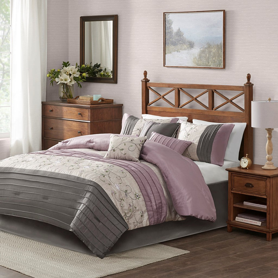 Madison Park Serene Embroidered 7 Piece Comforter Set - Purple - Cal King Size