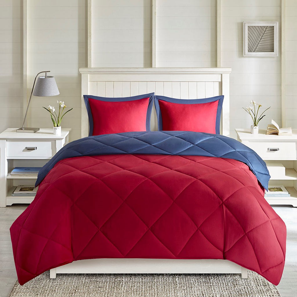 Larkspur 3M Scotchgard Diamond Quilting Reversible Down Alternative Comforter Set - Red / Navy - King Size