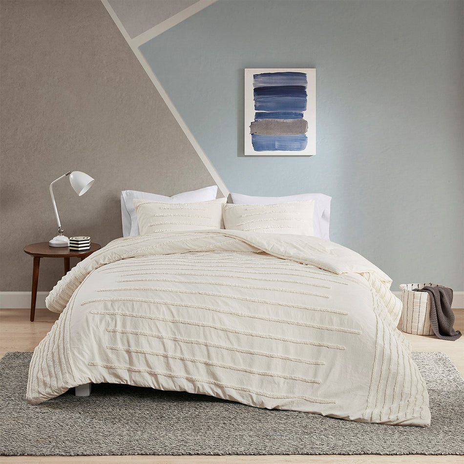 Mercer 3 Piece Cotton Chenille Duvet Cover Set - Ivory - Full Size / Queen Size