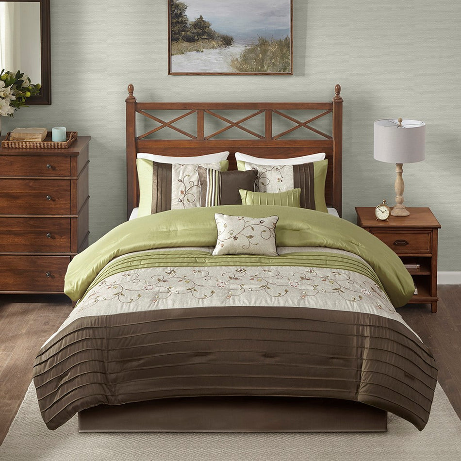 Serene Embroidered 7 Piece Comforter Set - Green - Queen Size