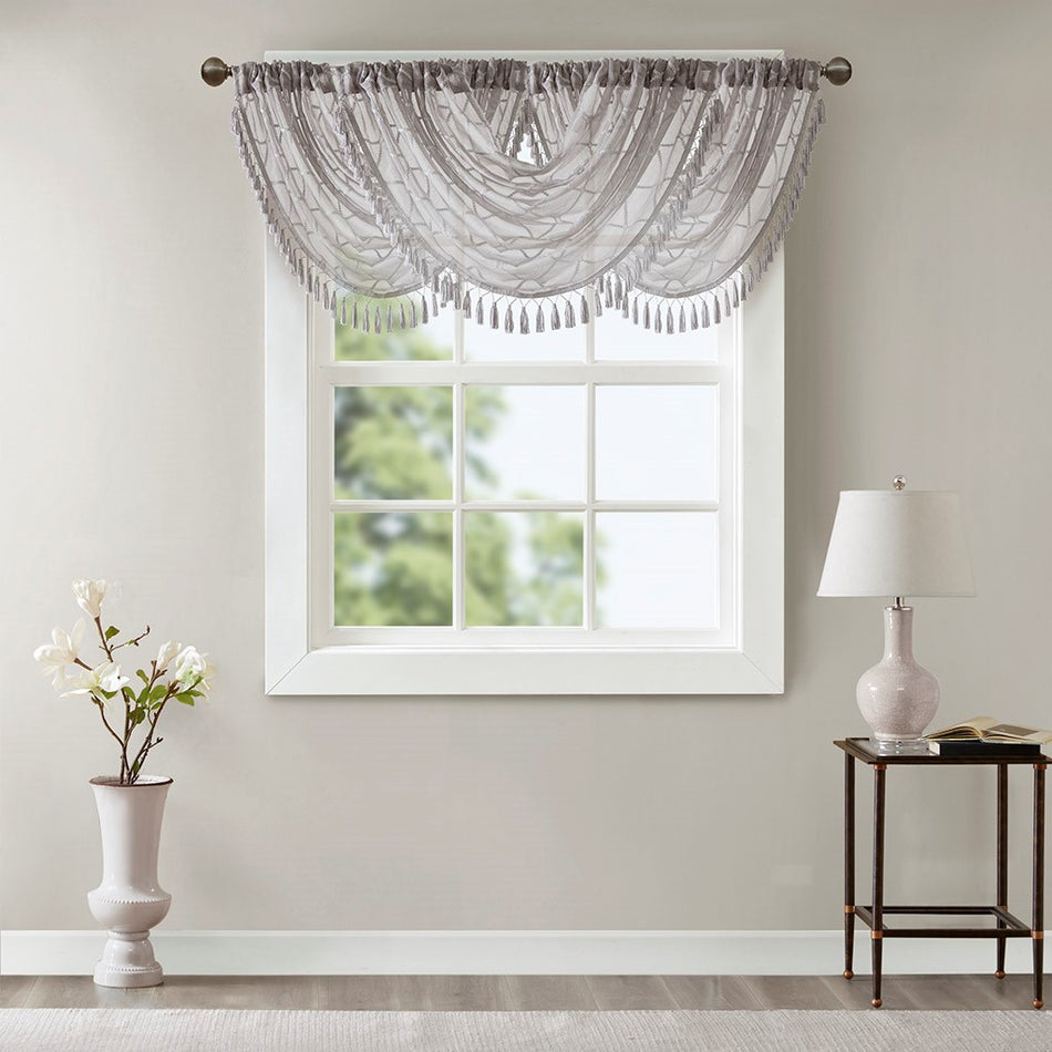 Irina Diamond Sheer Embroidered Waterfall Valance - Grey - 38x46"