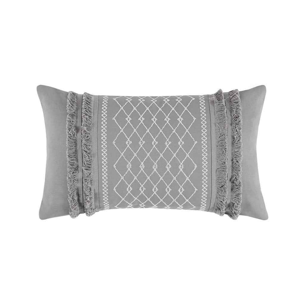 INK+IVY Bea Embroidered Cotton Oblong Pillow with Tassels - Grey - Oblong