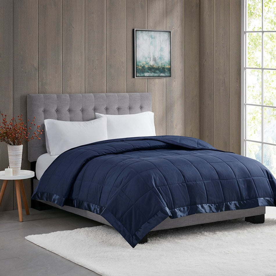 Madison Park Windom Lightweight Down Alternative Blanket with Satin Trim - Navy - Twin Size